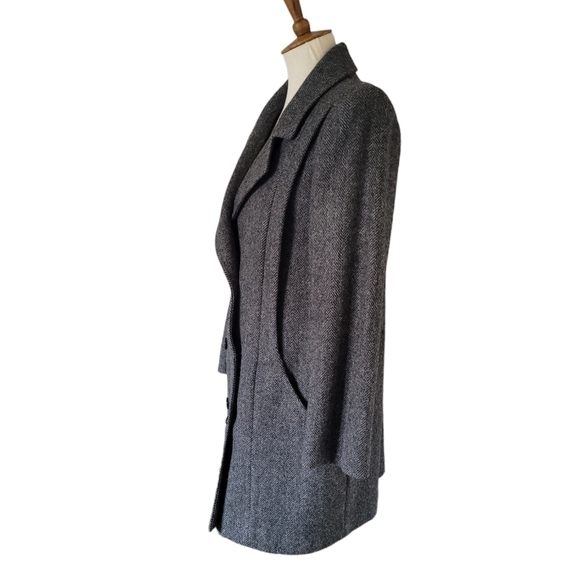 80's ALORNA Black and Gray Herringbone Wool Blend Double Breasted Midi Pea Coat - Picture 4 of 8